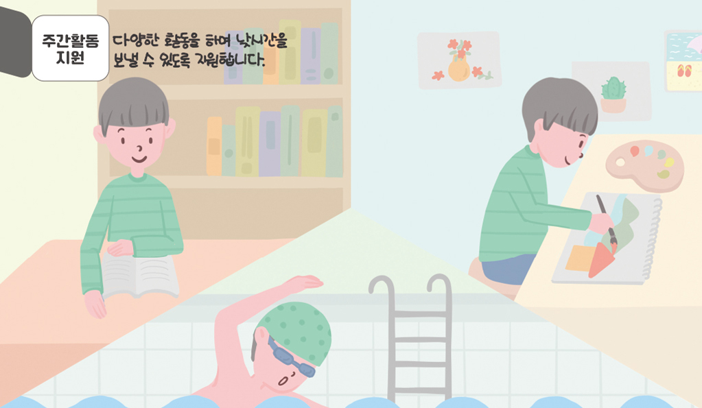 주간활동 지원: 다양한 활동을 하며 낮시간을 보낼수 있도록 지원합니다.