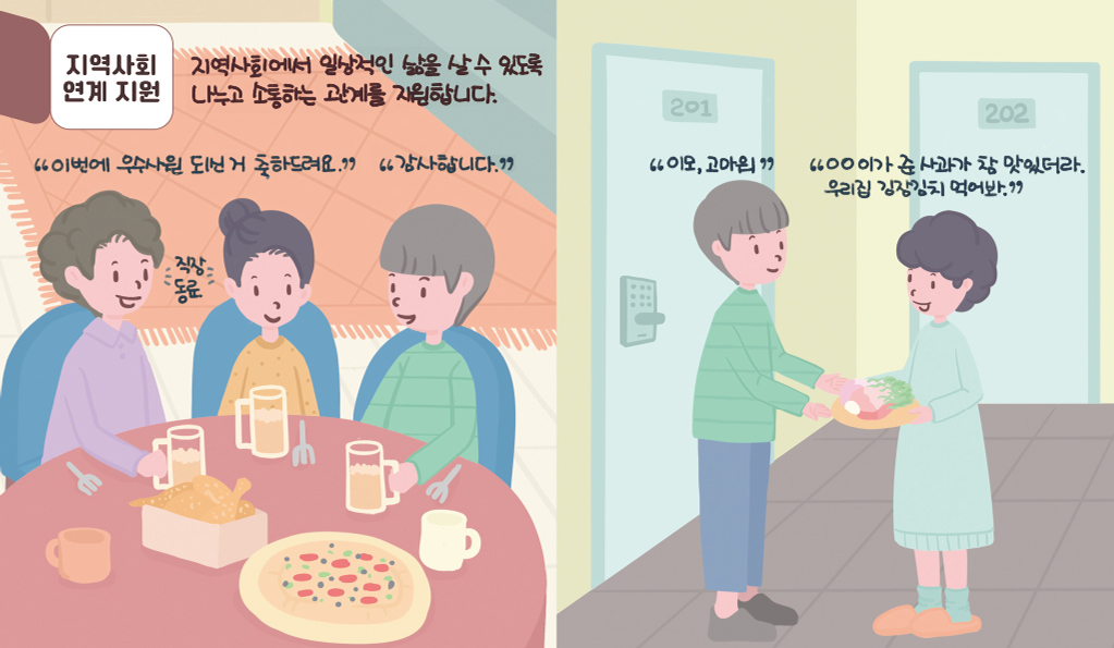 지역사회 연계지원: 지역사회에서 일상적인 삶을 살 수 있도록 나누고 소통하는 관계를 지원합니다.
이번에 우수사원 되신거 축하드려요
감사합니다
이모, 고마워
OO이가 준 사과가 참 맛있더라. 우리 집 김장김치 먹어봐
